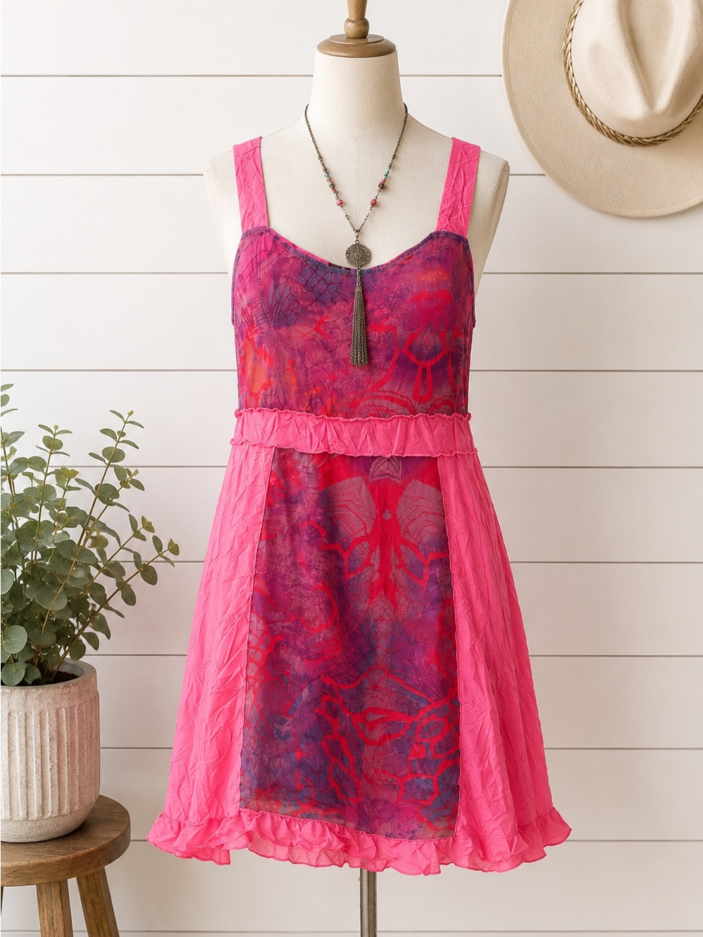 Yest Pink Mesh Overlay Dress Size Small Artsy Boho Sleeveless Midi